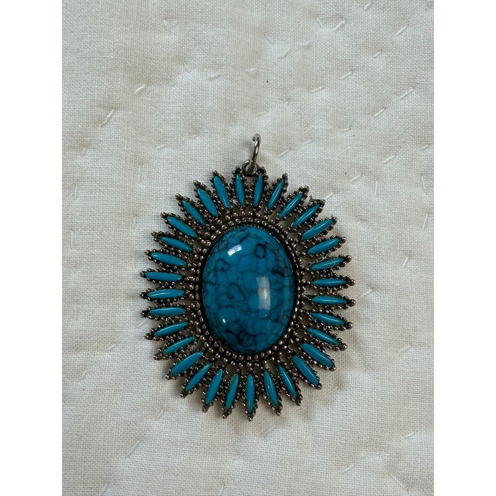 Vintage Celebrity Blue Stone Pendant Large Oval Cabochon Silver Tone Boho